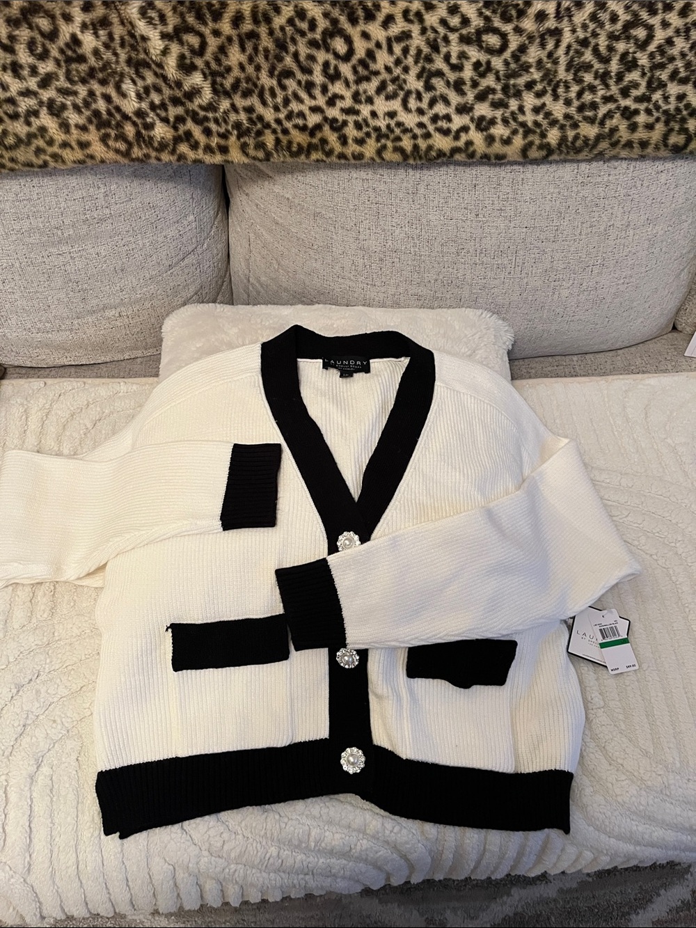 Laundry By Shelli Segal Cream Cardigan with Black Trim